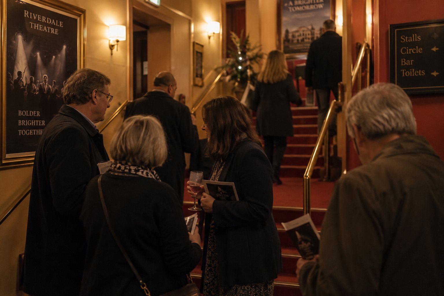 People gathering in a theatre foyer before a performance.
