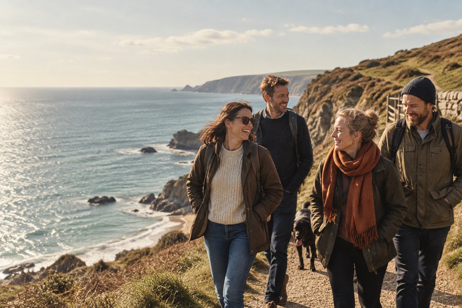 Three people walking a coastal path together on a Sunday morning.