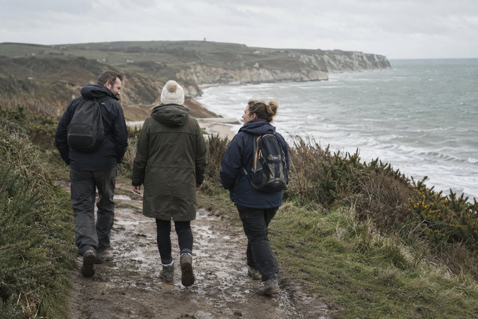 Friends walking together along a coastal path.