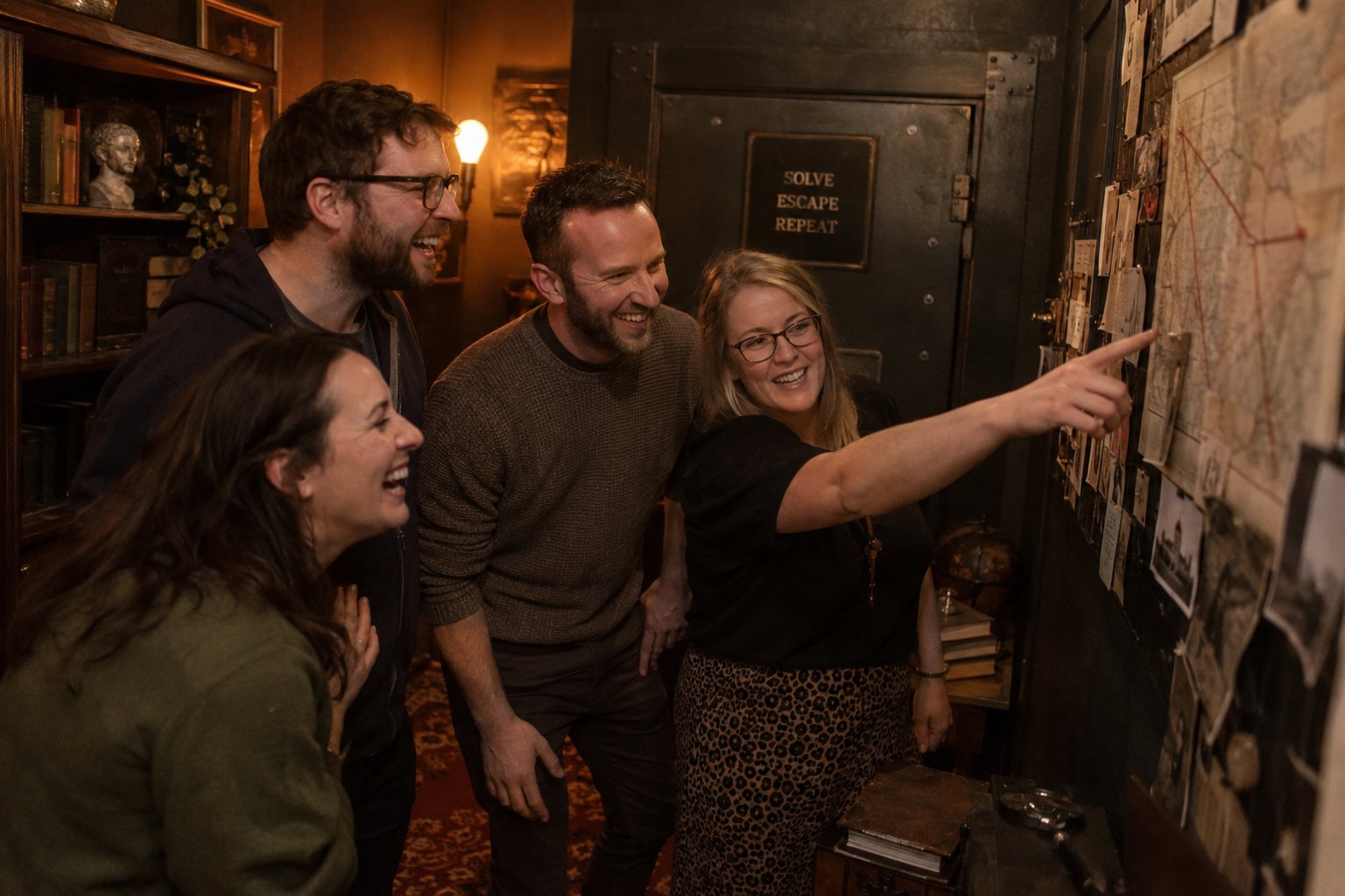 A small group working together on an escape-room clue.