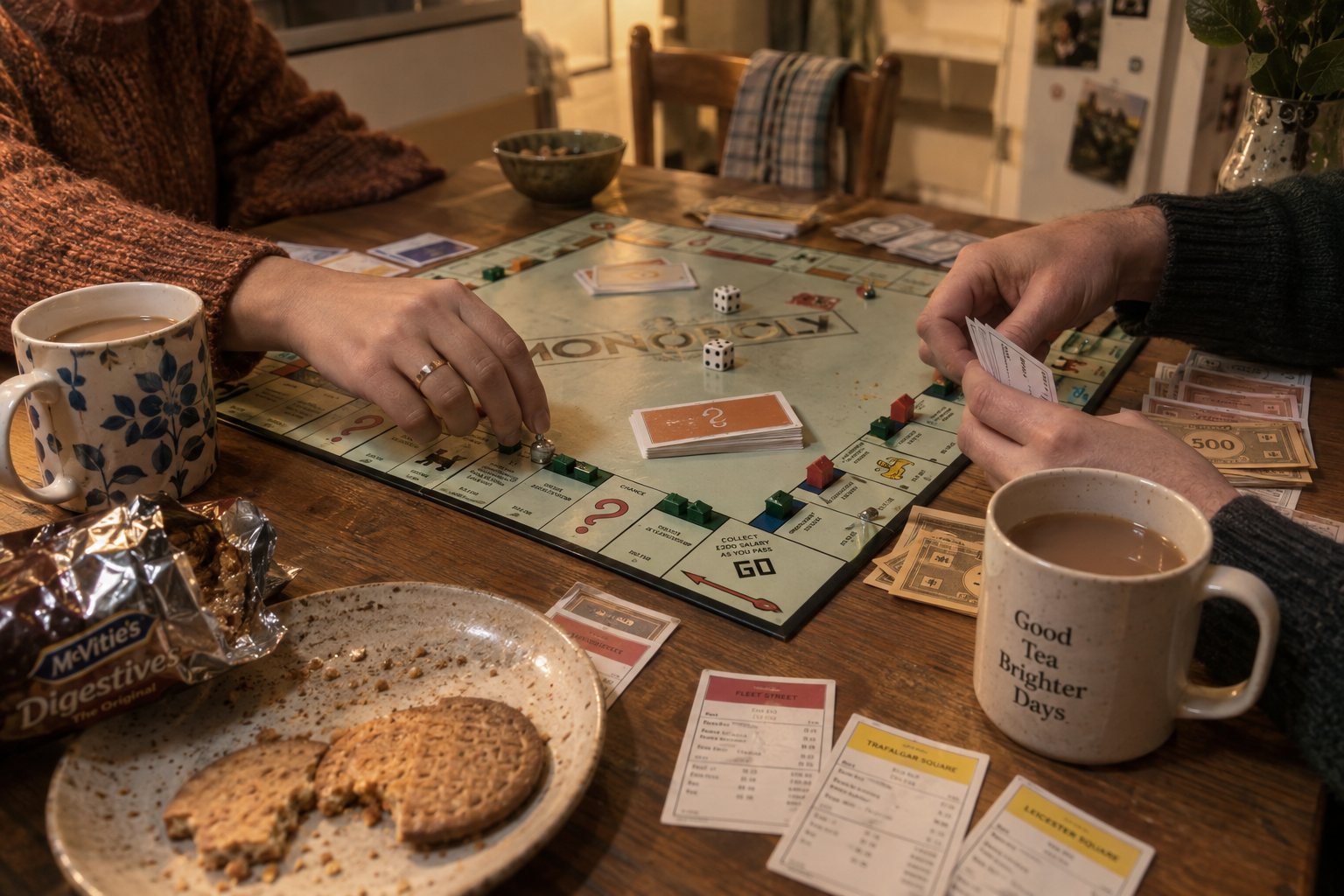 Friends laughing over a board game at home.